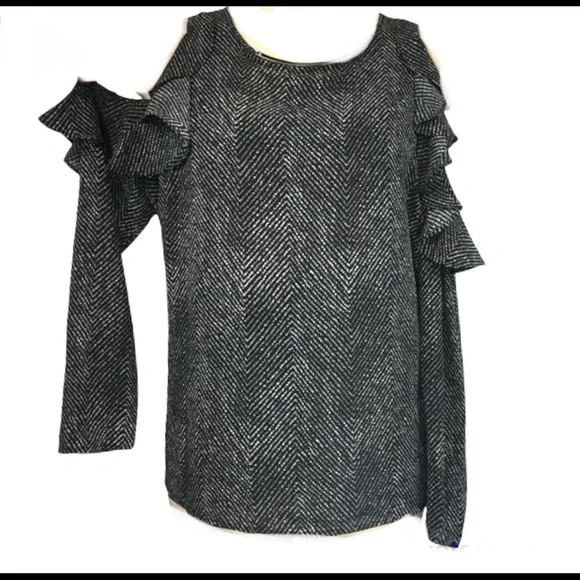 Michael Michael Kors black/white ruffled cold shoulder blouse size L - Picture 6 of 13